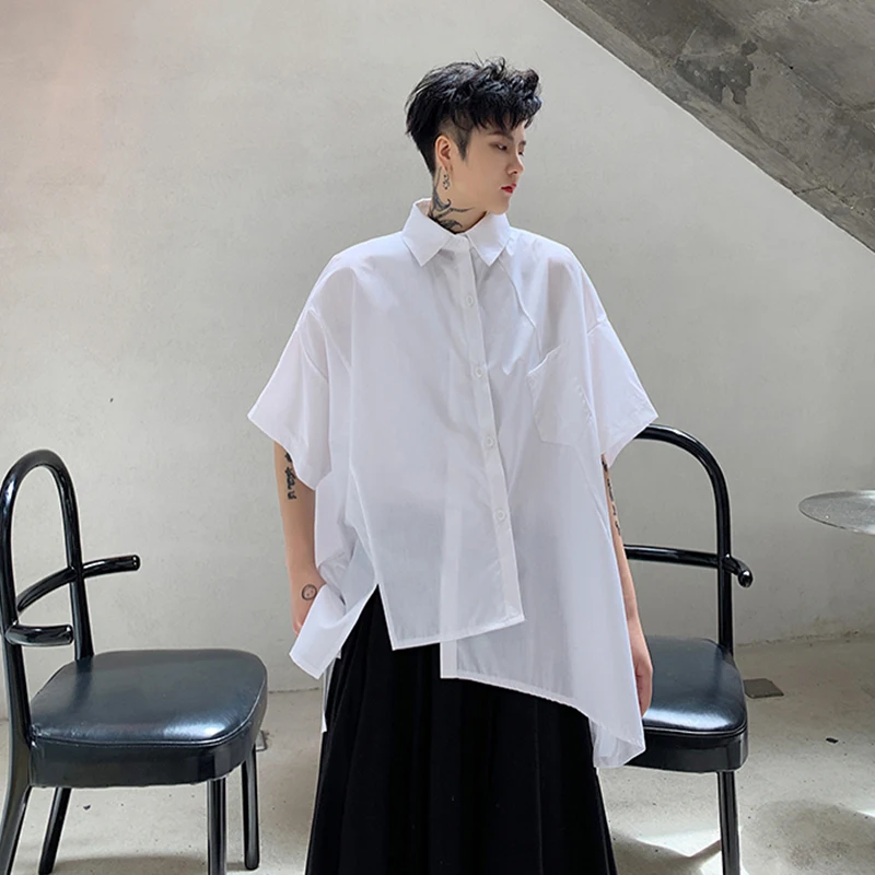 Японский стиль волос Асимметричная строчка рубашка мужская короткий рукав
