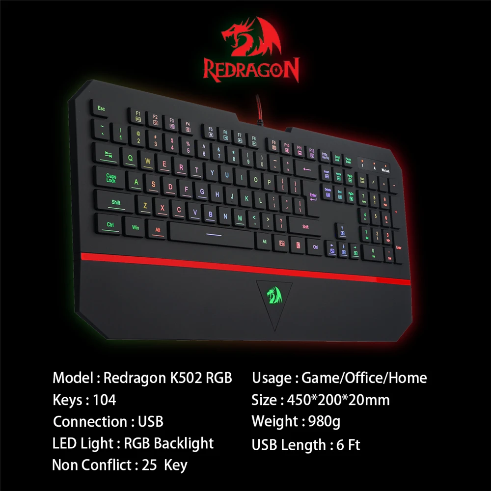 

Redragon K502 RGB Backlit Gaming Keyboard Ergonomic with Wrist Rest LED 104 Keys Keyboard PC Gamer For Macbook Laptop Desktop