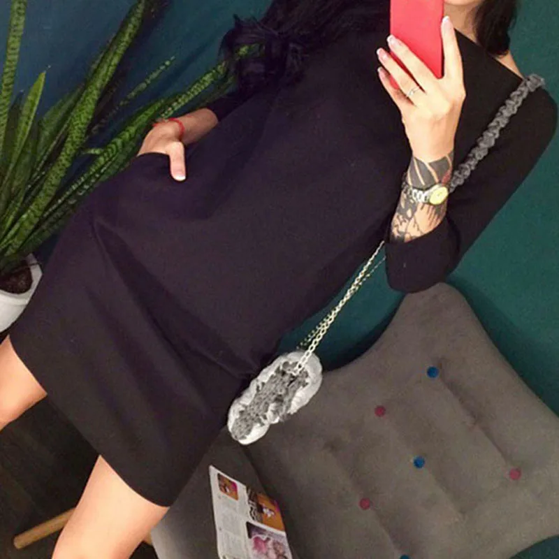 Женское вечернее платье на молнии сзади элегантное черное с круглым вырезом и V