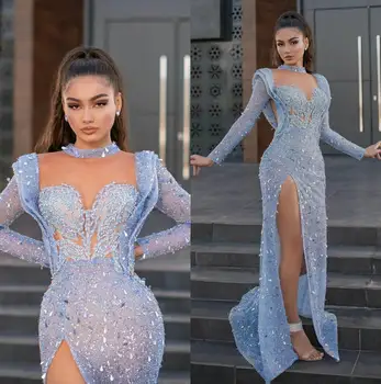 Blue Crystal Evening Gowns Beads O Neck Long Sleeve Beading Formal Prom Dress Sexy Side Split Red Carpet Runway Fashion Robe