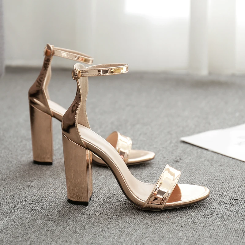 

2020 Fashion Gold Peep Toe Women's Sandals Summer Belt Buckle Thick High Heels Plus Size 42 Women Sandals Casual Women's Shoes