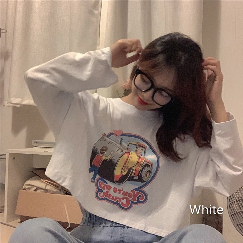 Кроп Топ Женский Повседневный с круглым вырезом и длинным рукавом|Футболки| |