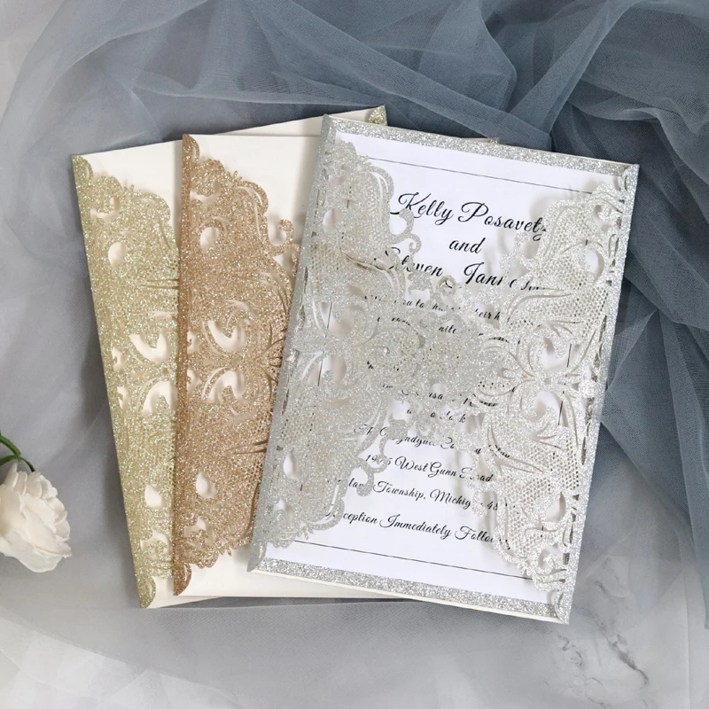 (100 шт./лот) золотые блестящие свадебные пригласительные открытки с принтом на