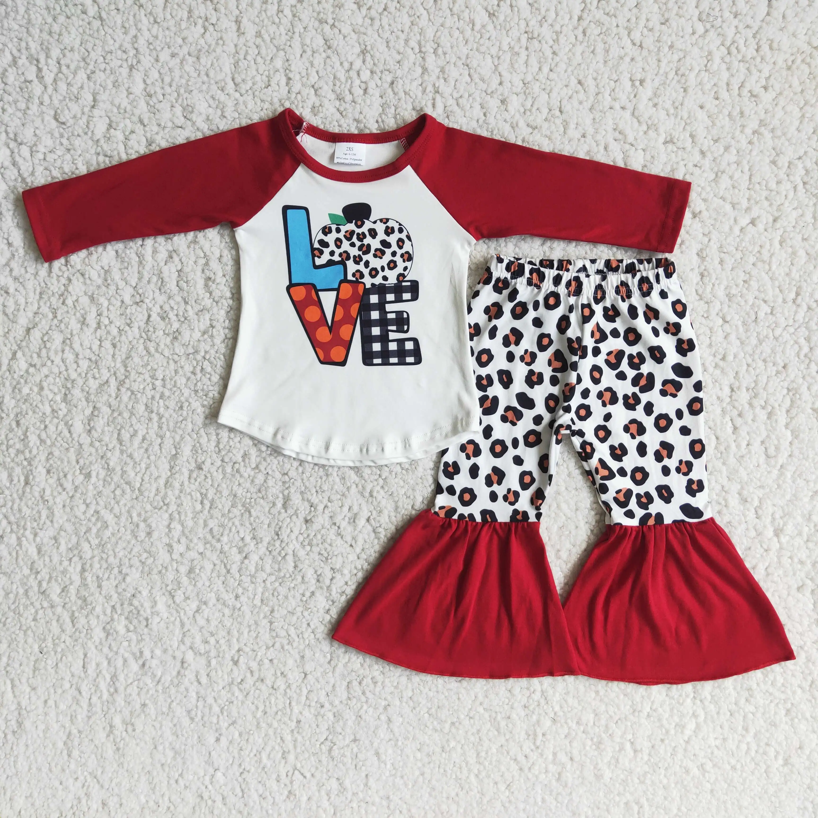 

Yawoo Clothing Love Letter Long Sleeve Top And Red Leopard Print Bell-bottoms Kids Clothing