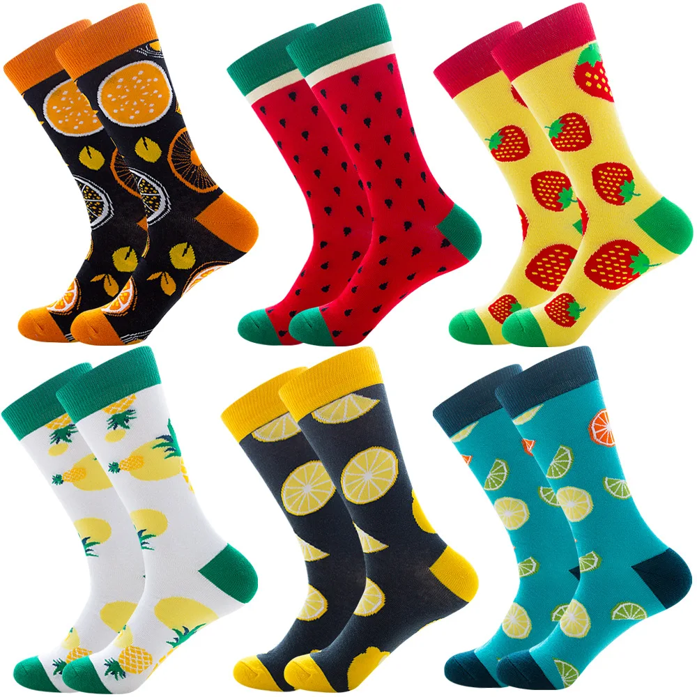 

6 pairs Men Women Socks Cotton Funny Cute Cartoon Fruits Avocado Lemon Donuts Food Happy colorful novelty skateboard Socks