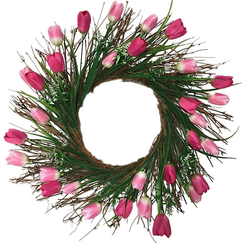 

Искусственный тюльпан, искусственный цветочный венок для Дня матери, входная дверь, внутренняя стена, домашний Свадебный декор, розовые тюл...