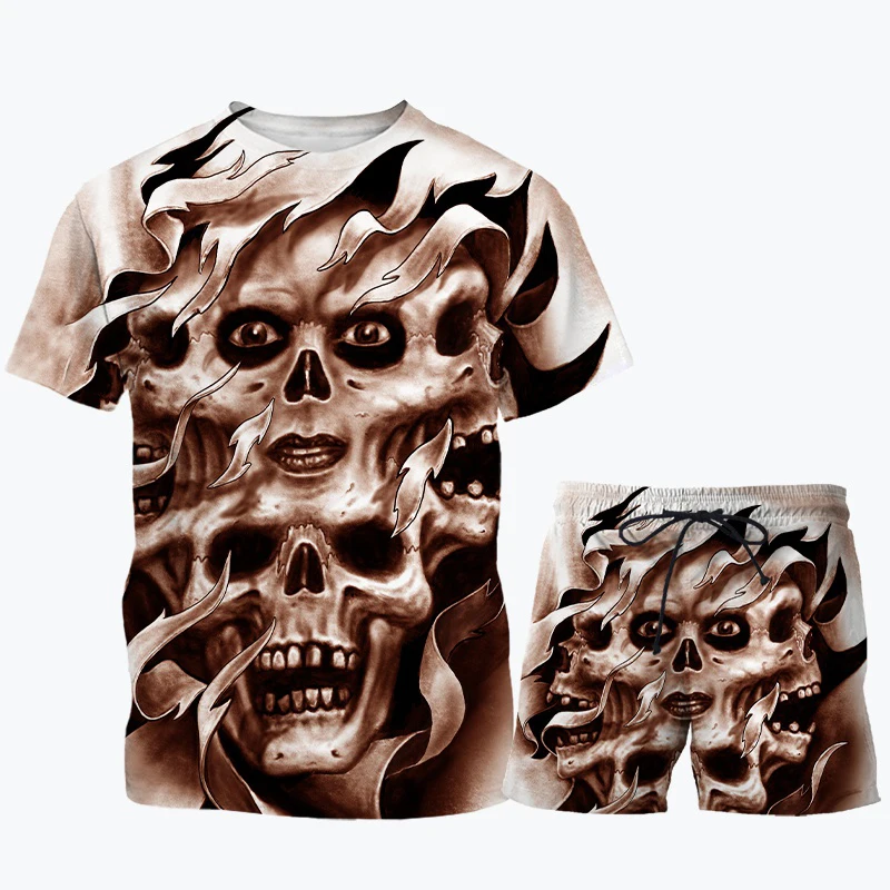 

Summer Men Skull Sets Streetwear Loose Digital Print Short Sleeve Shirt Fashion Shorts Beach Breathable Casual Mens Sets
