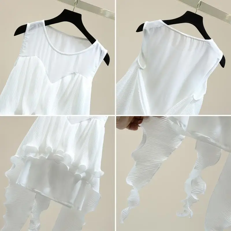 Женская блузка без рукавов белая плиссированная Асимметричная шифоновая