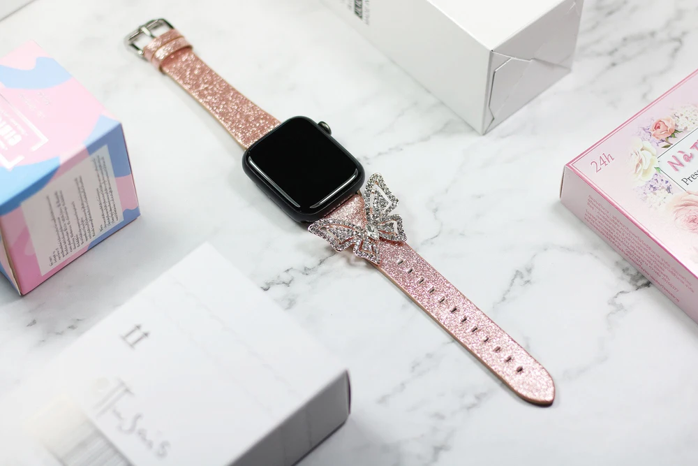 Блестящий Браслет-бабочка для Apple Watch, 38, 40, 42, 44 мм, серия 1, 2, 3, 4, 5, алмазный браслет iWatch, блестящий кожаный ремень