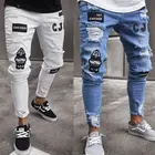 Мужские рваные джинсы, супероблегающие, на молнии, джинсовые брюки, брюки с рваными краями и потертостями, брюки с героями мультфильмов, готический стиль, штаны, мужская одежда