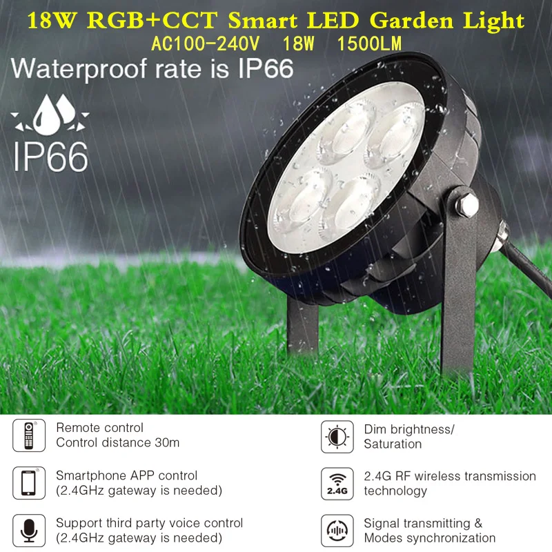

Smart 18W RGB+CCT Garden LED Light 1500LM Waterproof Outdoor Landscape light 220V RF Control;2.4G Wifi Voice Need Match WL-Box1