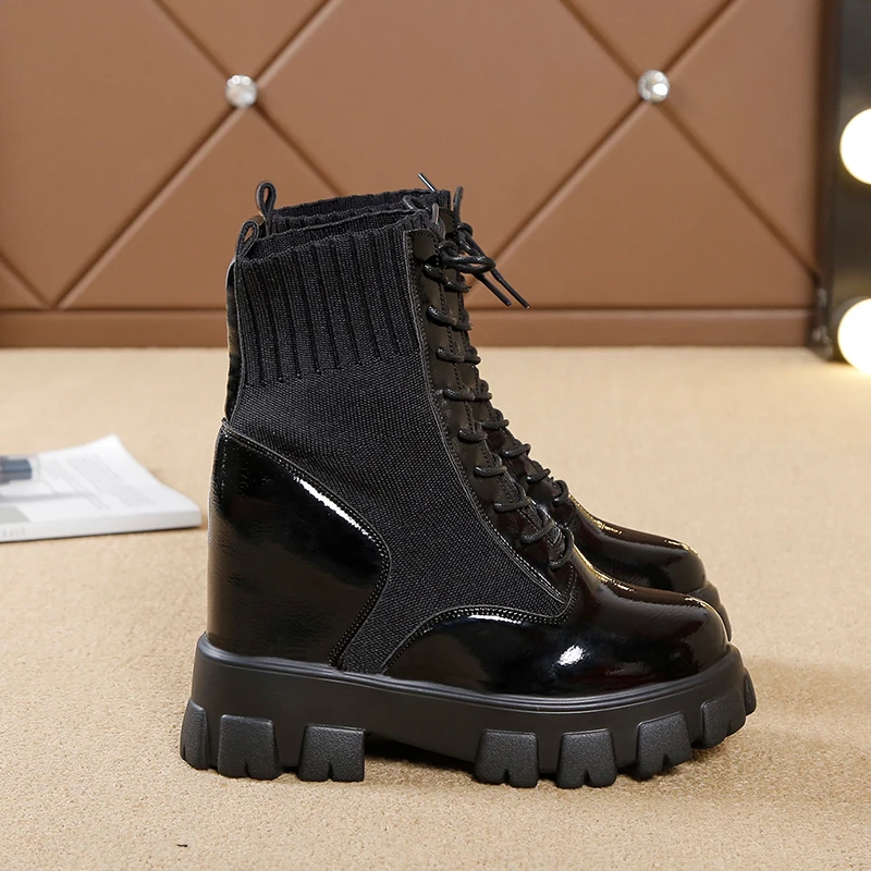 

Kjstyrka Platform Boots Women Shoes Woman Boots Fashion Flat Round Leather Ankle Boots 2020 Spring Lace Up Black Boots