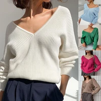 2021 autumnwinter pullovers womens sweater solid color pullover casual v neck candy color knitted sweater for daily wear