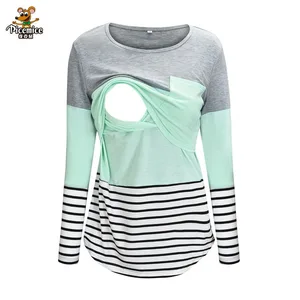 Одежда для беременных с длинным рукавом, полосатые топы с круглым вырезом для кормящих мам, рубашка для беременных для грудного вскармливания