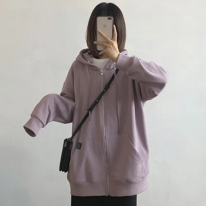 

Harajuku with hat hoodies women zipper kangaroo pocket casual loose solid color sweatshirt female 2020 fashion new female tops