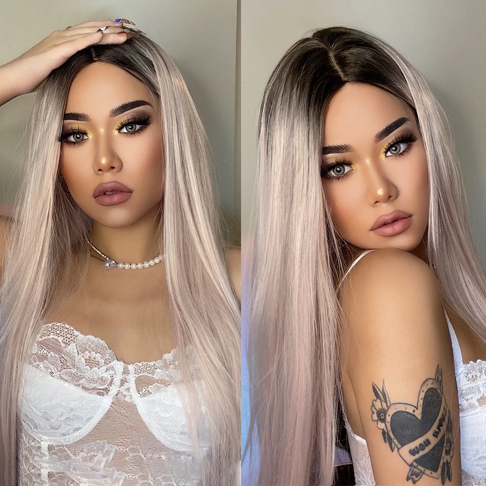 

ALAN EATONl Long Straight Wigs Ombre Black Light Pink Gray Ash Middle Part Synthetic Wigs for Women Cosplay Heat Resistant Hair