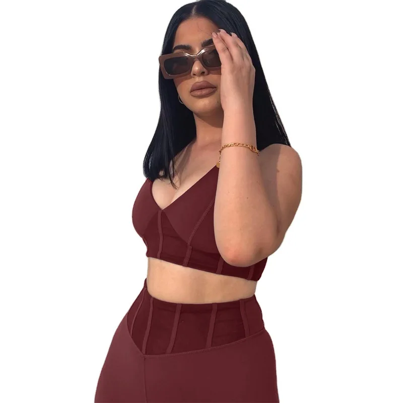 

Europe and the United States women deep v-neck sleeveless vest carry buttock stretch leggings two-piece yoga clothes