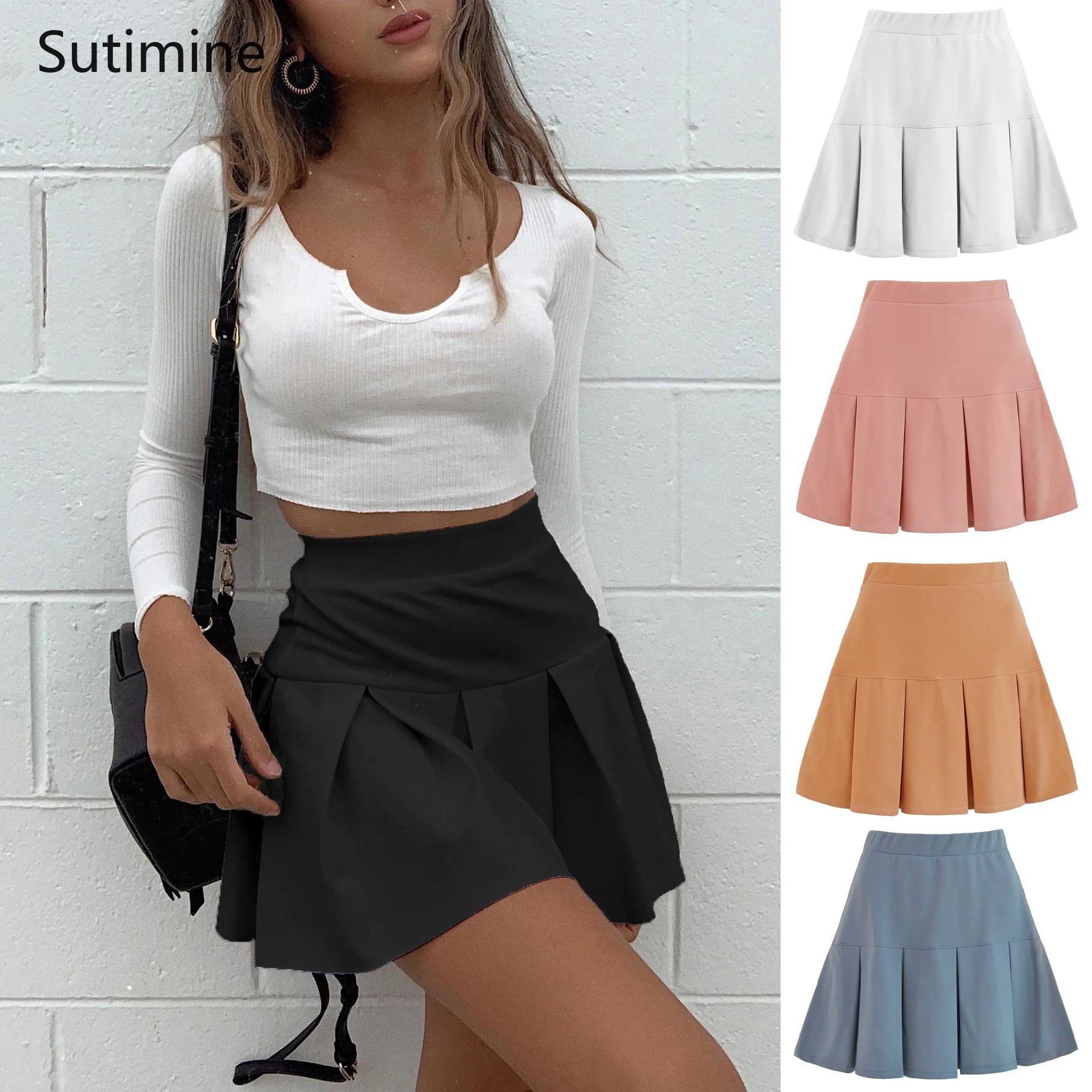 

Summer Women's Skirt Short High Waist A-line Student Solid Pleated Skirts Women Cute Sweet Girls Dance Mini Black Skirt