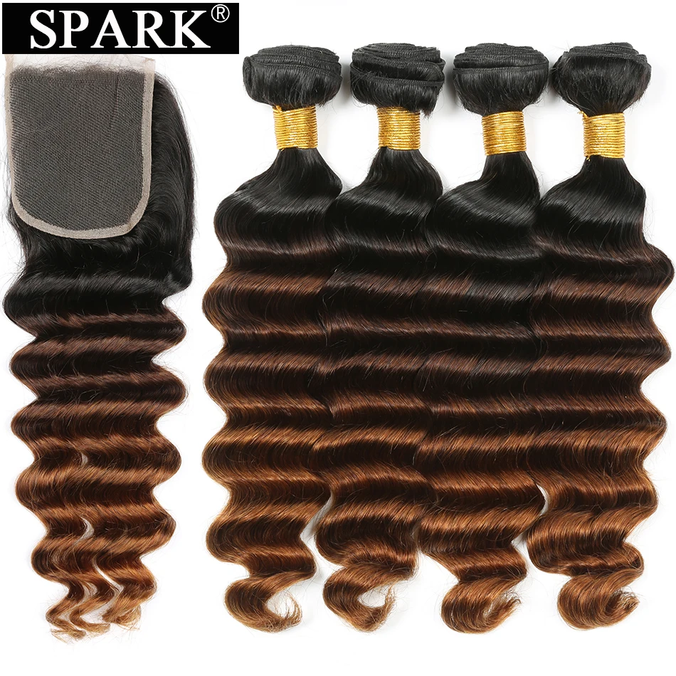 Spark Brazilian Loose Deep Wave Bundles With Closure Ombre Hair Human Hair 3/4 Bundles Closure Remy Hair Extension Medium  Ratio