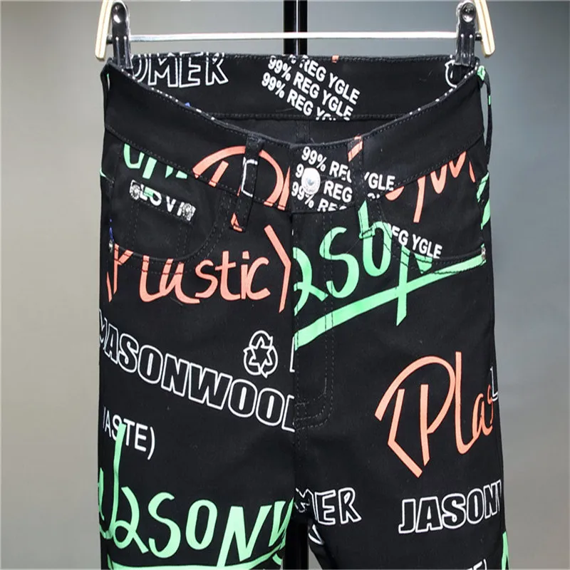 Men's Plus-Size 3D Stretch Print Casual Fashion Versatile Black Mid-Waist Stretch Tight Pants And Skinny Jeans