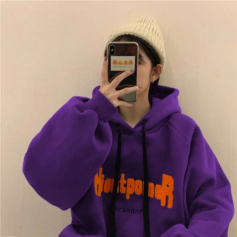 

New plus velvet padded hooded sweatshirt women autumn and winter letters loose Korean style streetwear top Harajuku hoodie