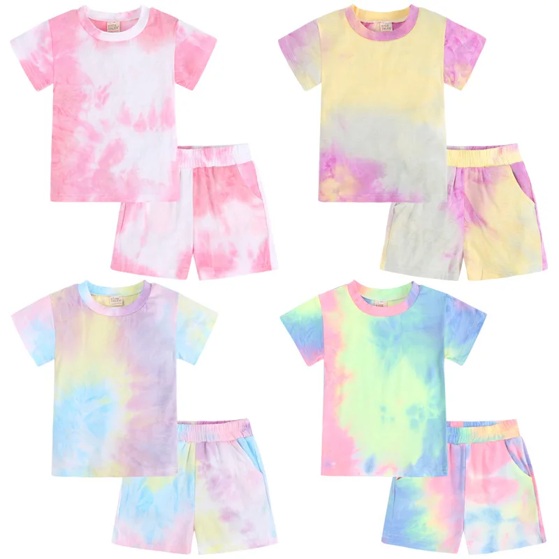 

2021 New Summer 1-8Y Baby Boy Girl Tie Dye Print 2Pcs Set Colorful Short Sleeve T-shirt+Shorts Kids Children Clothes 6 Types