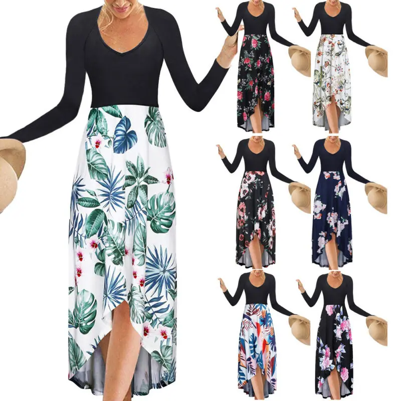 2019 Новое модное женское платье Бохо цветочный длинный рукав вечерняя коктейль