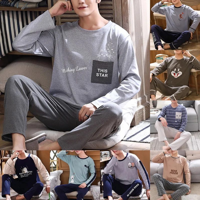 Мужская зимняя теплая пижама из 100% хлопка одежда для сна домашняя с мультяшным