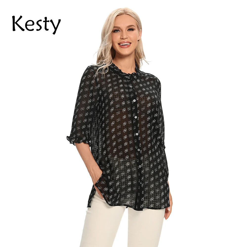 

Женская рубашка больших размеров KESTY, рубашка с принтом из полиэстера и пуговицами, рукава 3/4, с лацканами, женский повседневный дышащий топ