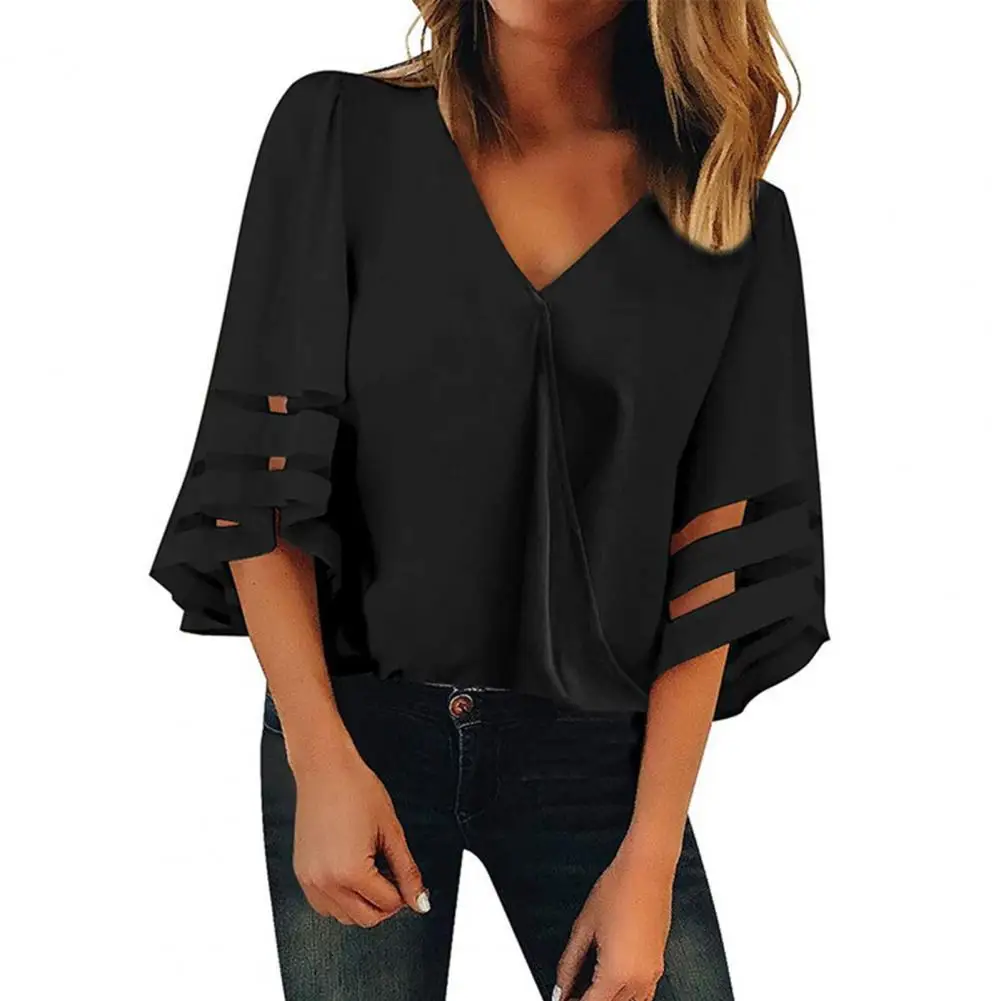 

blouse women 2021 Chiffon Shirt Stitching Flare Sleeve Summer Lady V Neck Mesh Blouse for Daily Wear Women Clothing Black xl