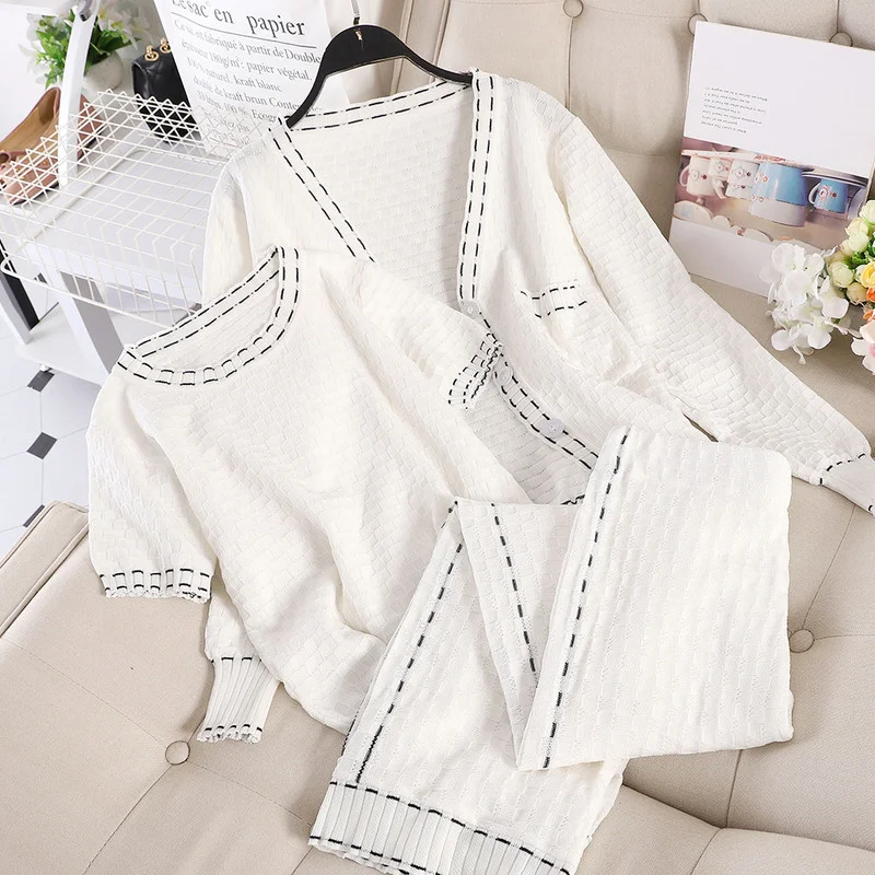

High Quality Autumn Winter Fashion Tracksuit Women Three-piece Knit Cardigan Coat + T-shirt + Wide Leg Pants Suits Casual Set