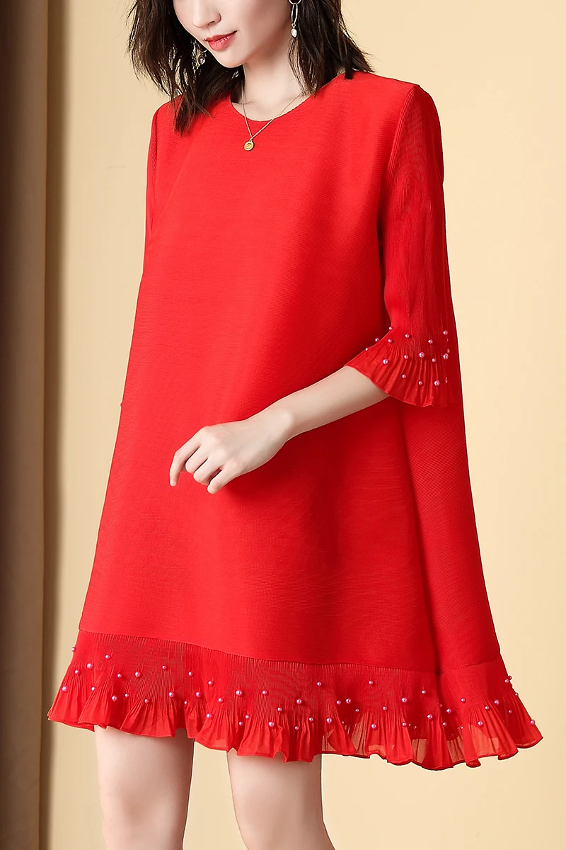 

Plus Size Dress Women Spring Summer Solid Color Elastic Loose Miyake Pleated Flare Sleeve Beading Ruffles Dress Above Knees