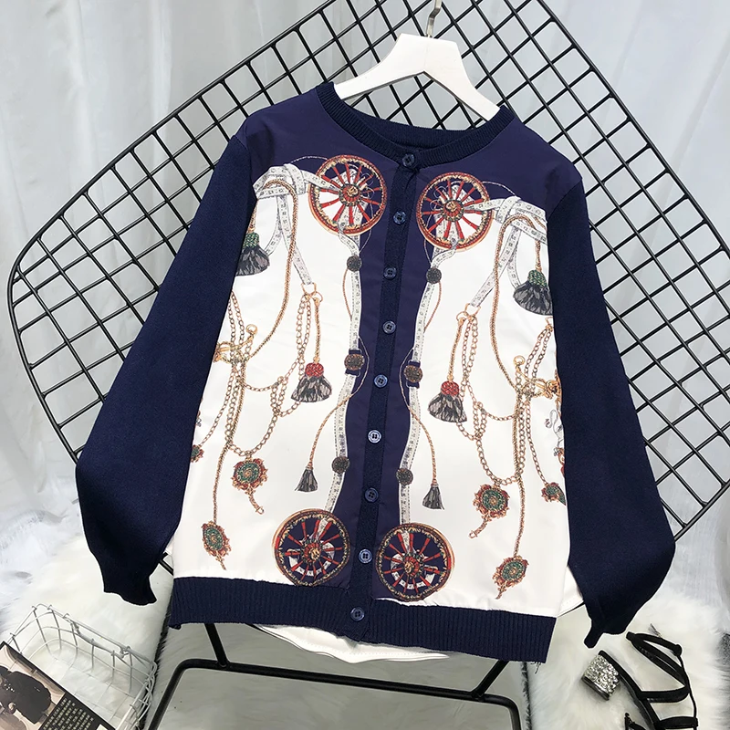 Осень 2020 Новинка 3D кардиганы с принтом женский шифоновый лоскутный вязаный