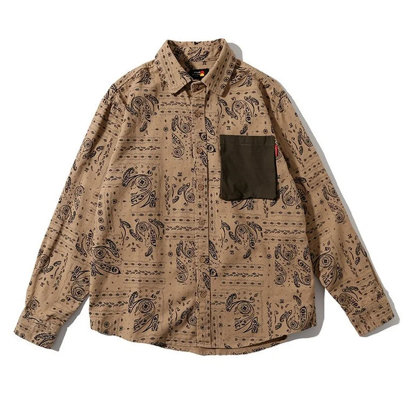 

Мужские рубашки 2021, осенняя рубашка в стиле ретро, японский кампус, трендовая рубашка с цветком кешью и контрастными искусственными камнями...