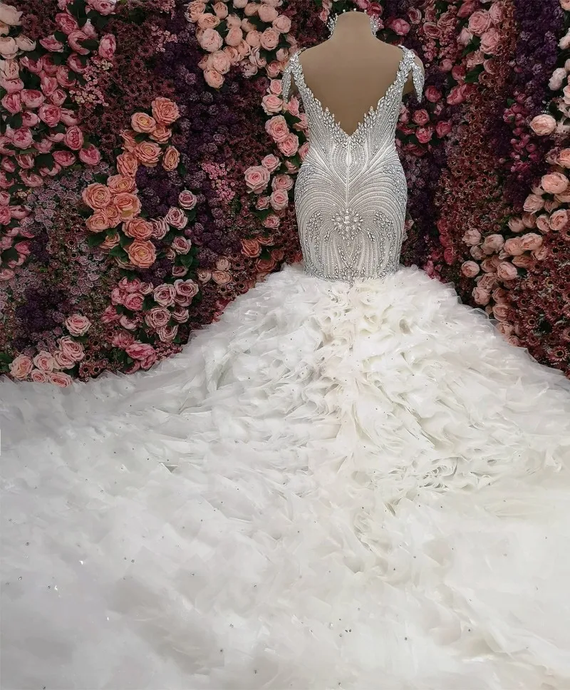Royal Crystal Mermaid Wedding Dresses Beading Ruffles Court Train Appliqued Bridal Gowns Backless Robe De Mariée 2020