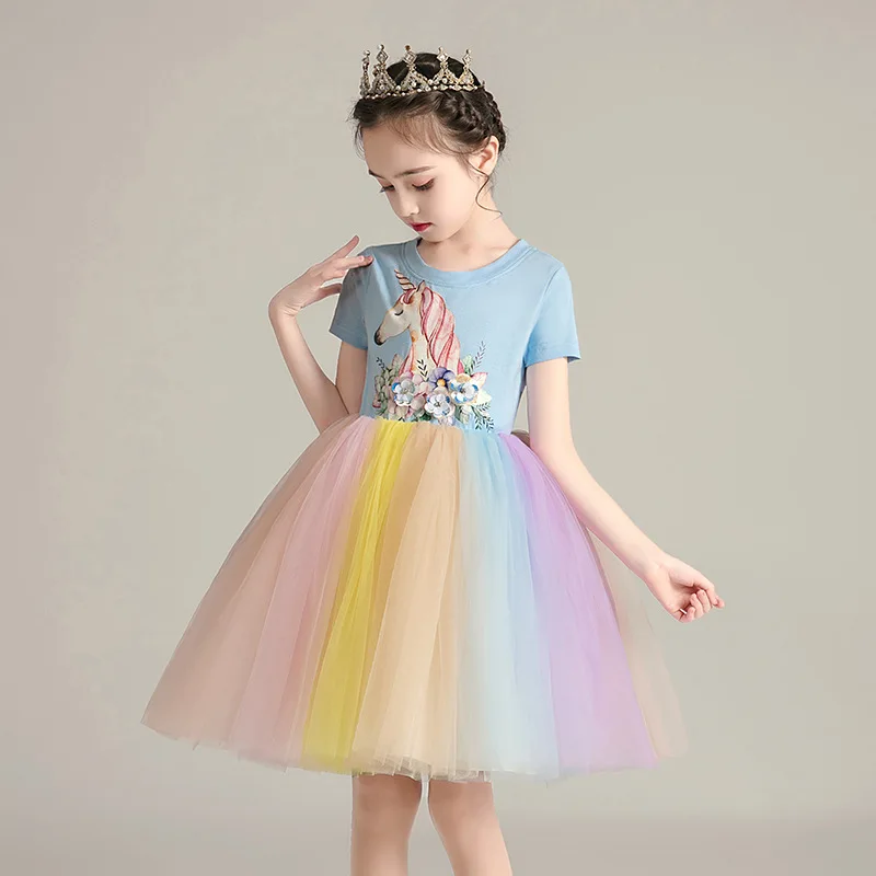 

2021 Children Unicorn Printed Costume Summer Short Sleeves Rainbow Mesh Princess Dress for Kids Halloween