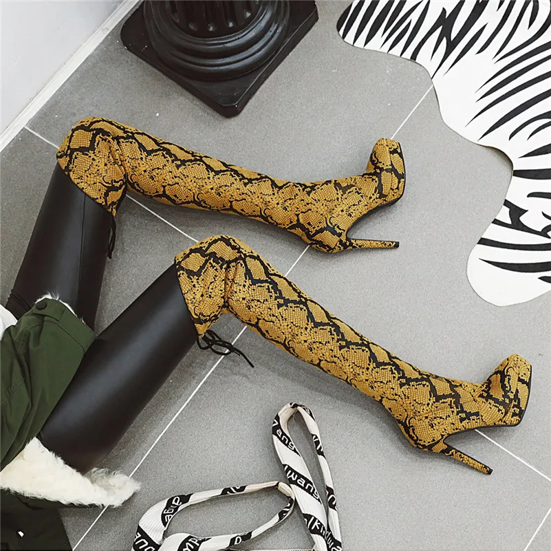 

ANNYMOLI Winter Thigh High Boots Women Snake Print Buckle Thin Heel Over the Knee Boots Stretch Extreme High Heel Shoes Lady 46