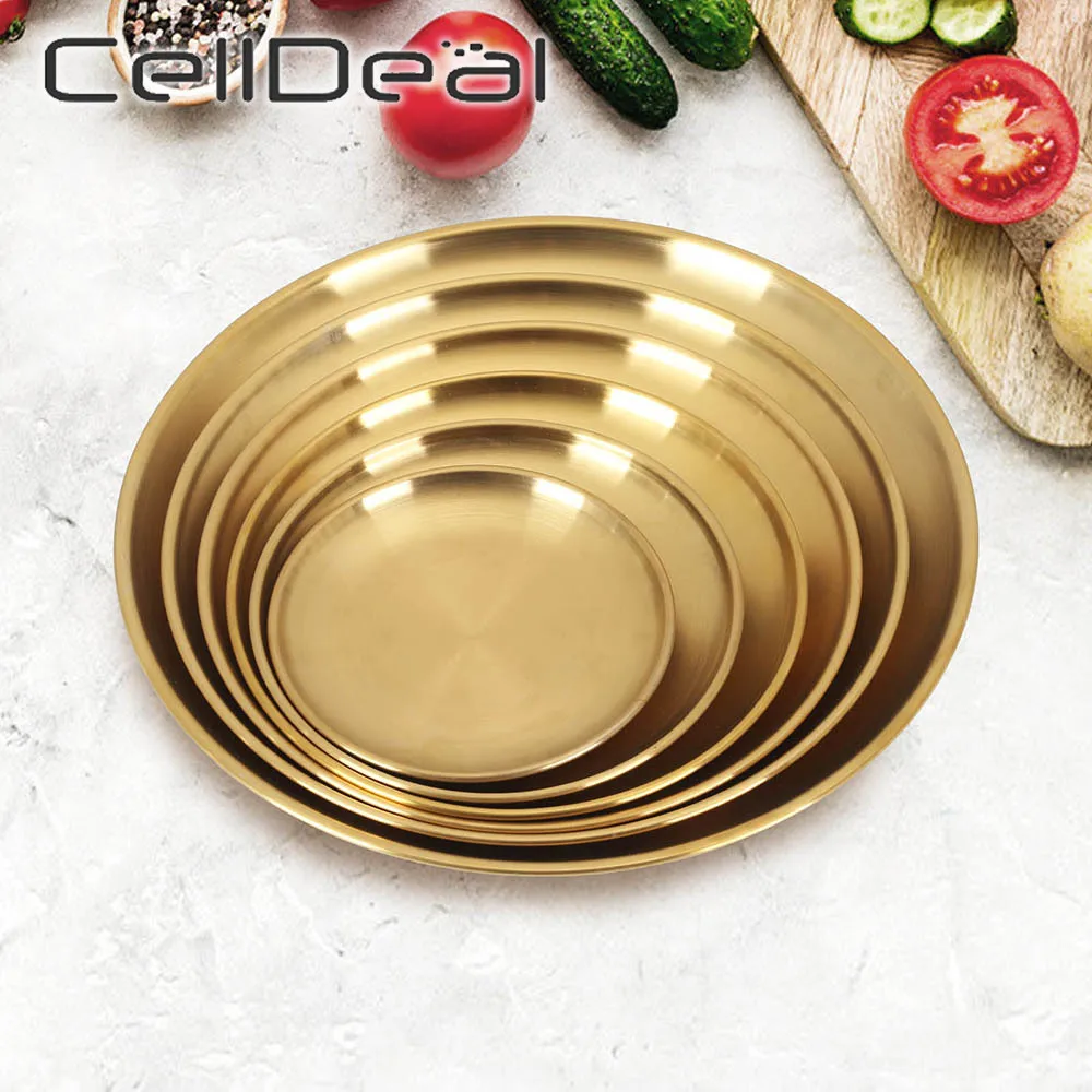 Золотая обеденная тарелка круглая сервировочная посуда из нержавеющей стали