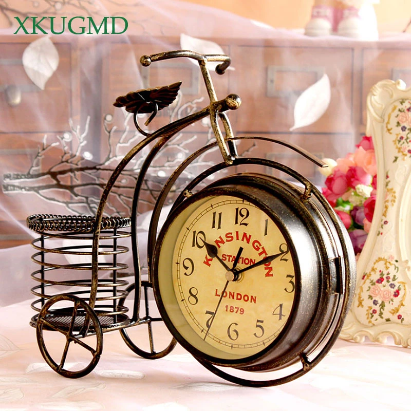 Tricycle Wrought Iron Ornaments Round Clocks Desktop Flower Arrangement Container Retro Bicycle Home Decorations | Дом и сад
