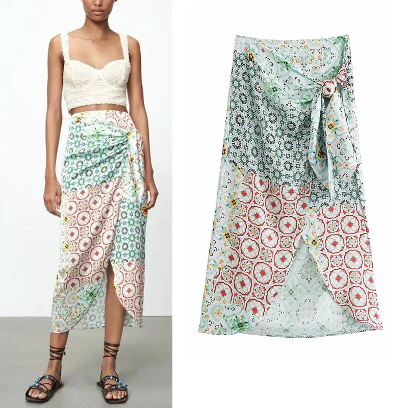 

Za Summer Print Knotted Skirts 2021 Women Casual Pleated Patchwork High Waist Midi Skirt Fashion Hem Slit Sandy Beach Lady Skirt