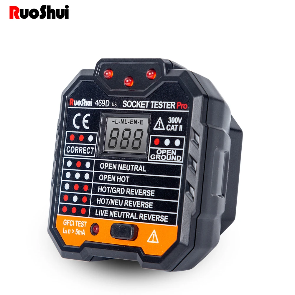 

RuoShui 469 Digital Display Socket Detector Portable Circuit Polarity Voltage Tester Wall Plug Breaker Finder RCD Test