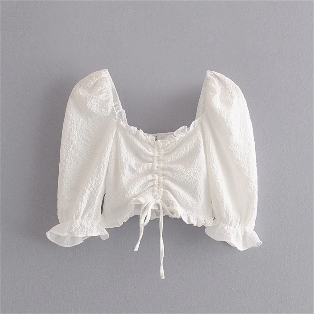 Летняя женская блузка с v-образным вырезом и пятиточечным рукавом на завязках