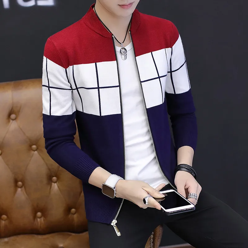

2021 men's new zipper cardigan sweater Joker color matching cultivate one's morality sweater