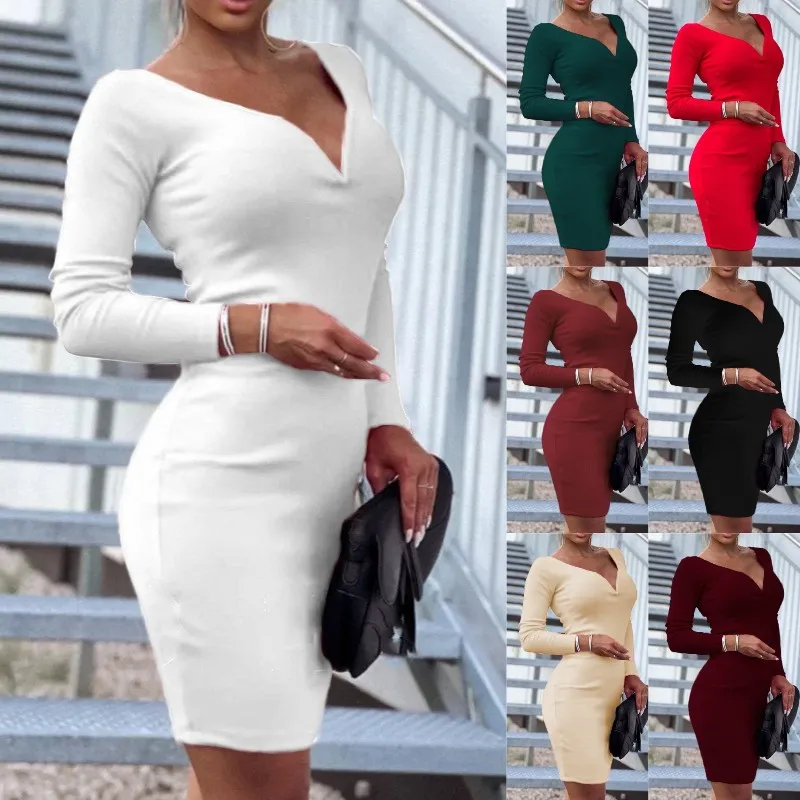 

Соблазнительное облегающее платье с V-образным вырезом, женская одежда, новинка сезона осень 2021, модные элегантные однотонные платья-мини с ...