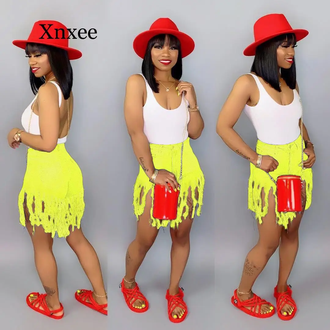 Camo  Tassel Denim Shorts Women Elastic High Waist Rave Short Jeans Summer Streetwear Neon Casual Biker Shorts