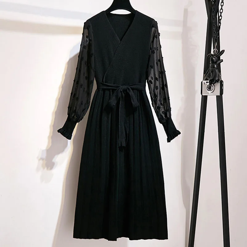 Willstage, L-4XL, плюс размер, трикотажное платье, шифон, рукав-фонарик, пэчворк, плиссированные платья, для женщин, талия, бант, на шнуровке, негабаритный - Цвет: Black