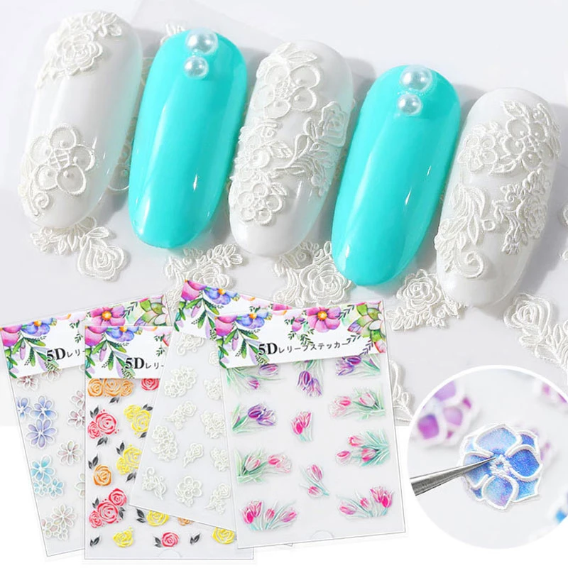 5D New Embossed Engraved Nail Stickers Women Beauty DIY Decal Butterfly Yellow Color Flower Manicure Water Decals