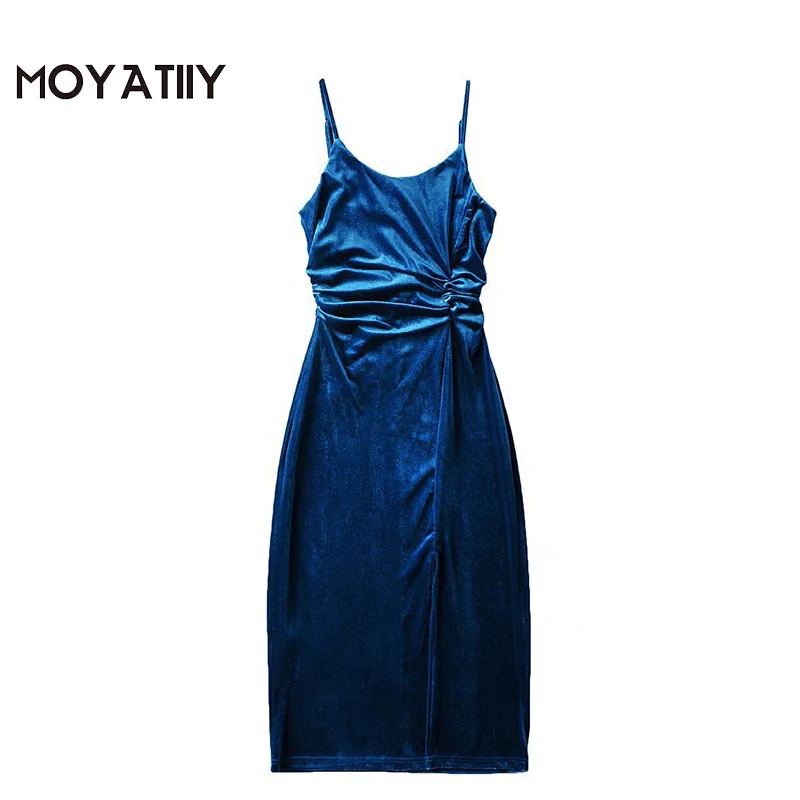 

MOYATIIY женское 2022 модное бархатное мягкое платье сексуальные женские плиссированные тонкие платья миди на тонких бретельках без рукавов жен...
