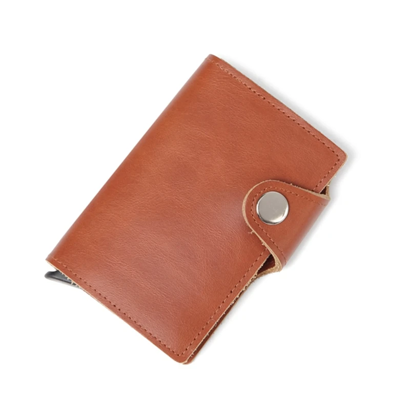 Buckle Light Brown Мужской алюминиевый кошелек из натуральной кожи, задний карман, ID держатель для карт, RFID Блокировка, мини волшебный кошелек, автоматический кошелек для кредитных карт, портмоне - Цвет: Buckle Light Brown