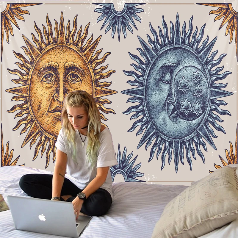 

Sun and Moon Tapestry Psychedelic Celestial Indian Sun Wall Hippie Polyester Tapestry Bed Cover Beach Towel Aesthetic Room Decor